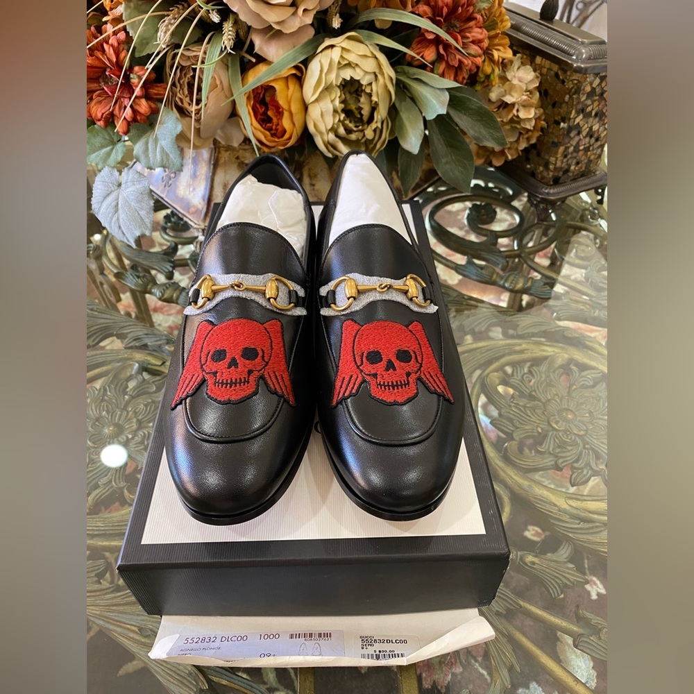 AUTHENTIC GUCCI Mens 9 OR 9.5 Agnello Plonge Nero Skull Brixton Horsebit Loafers